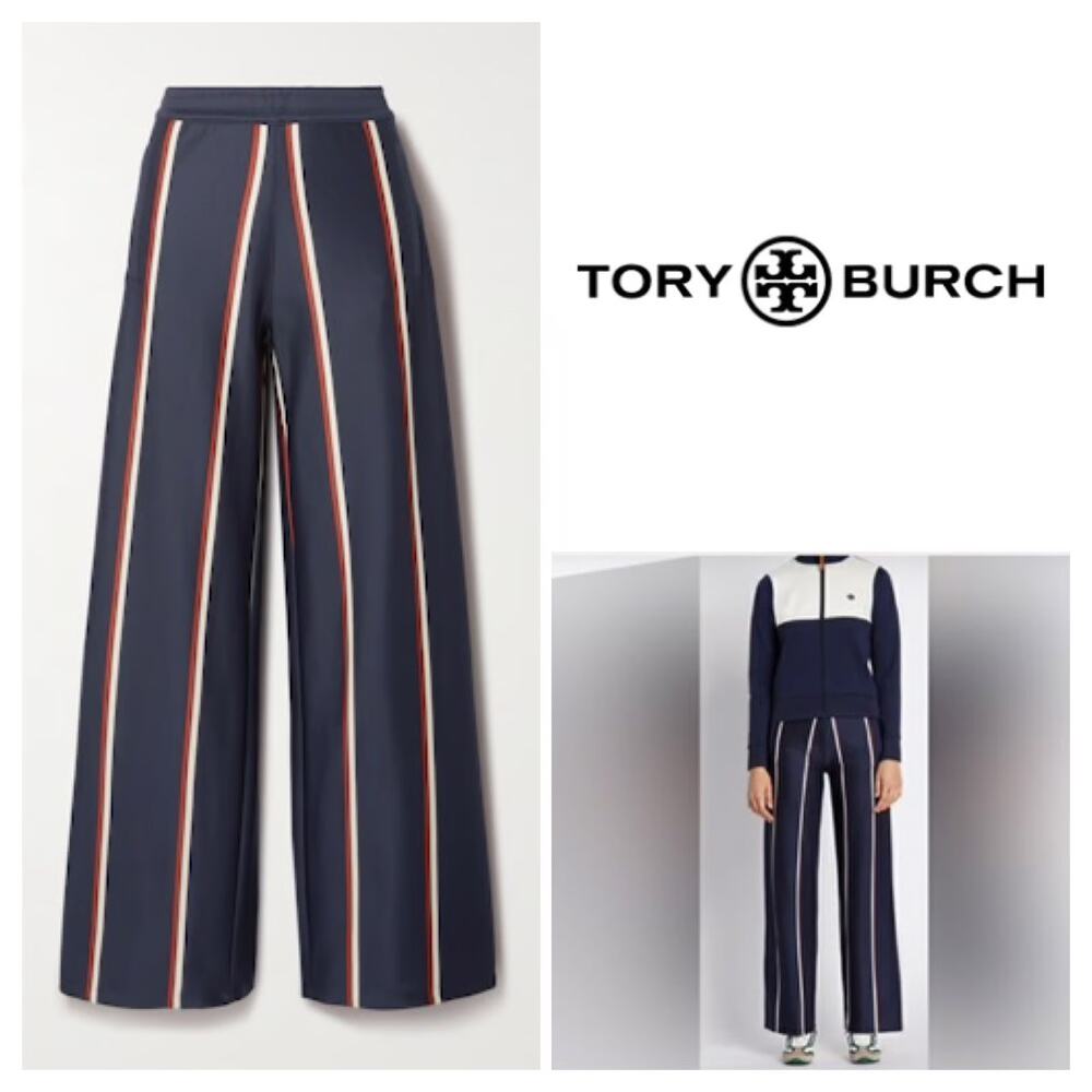 Tory Burch Sport Retro Luxury Wide Leg Trousers Pants S Navy Blue Stripe Y2K - Picture 11 of 11